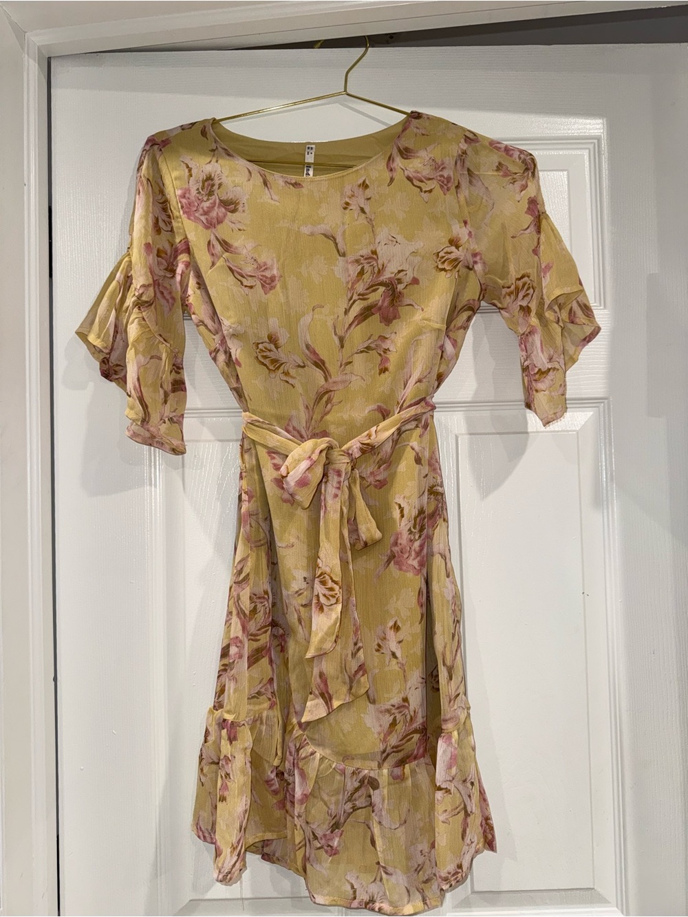 Yellow Floral Asymmetrical Tie-Waist Dress with Pink Bloom